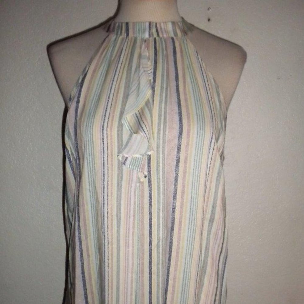 BCBG MAX AZRIA MS SIZE LARGE LIMESTONE MULTI-COLOR RUFFLE FRONT HAALTER BLOUSE